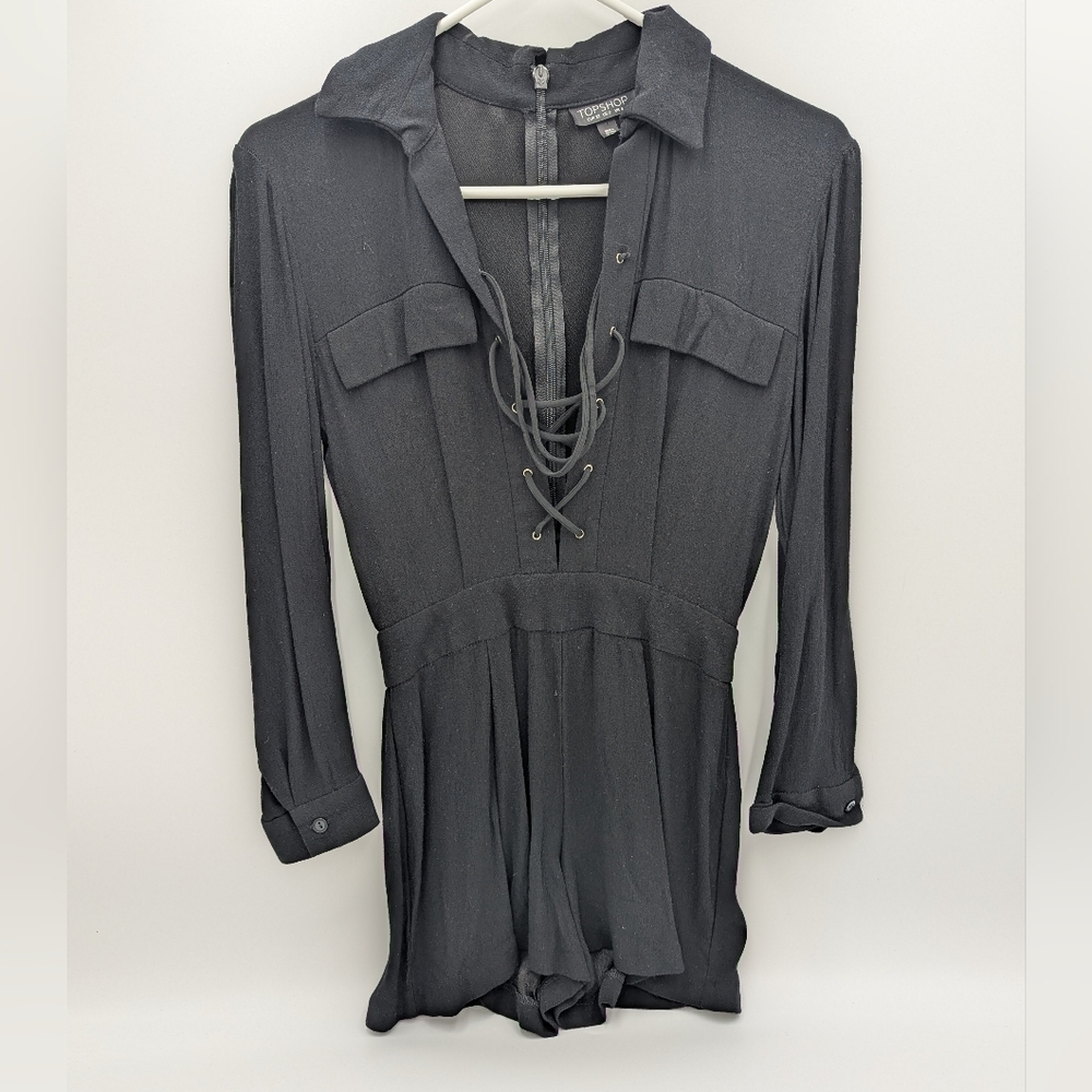 Topshop Boho Lace Up Romper Indie Sleaze Zip Up Grunge Edgy Black sz 0 Collared